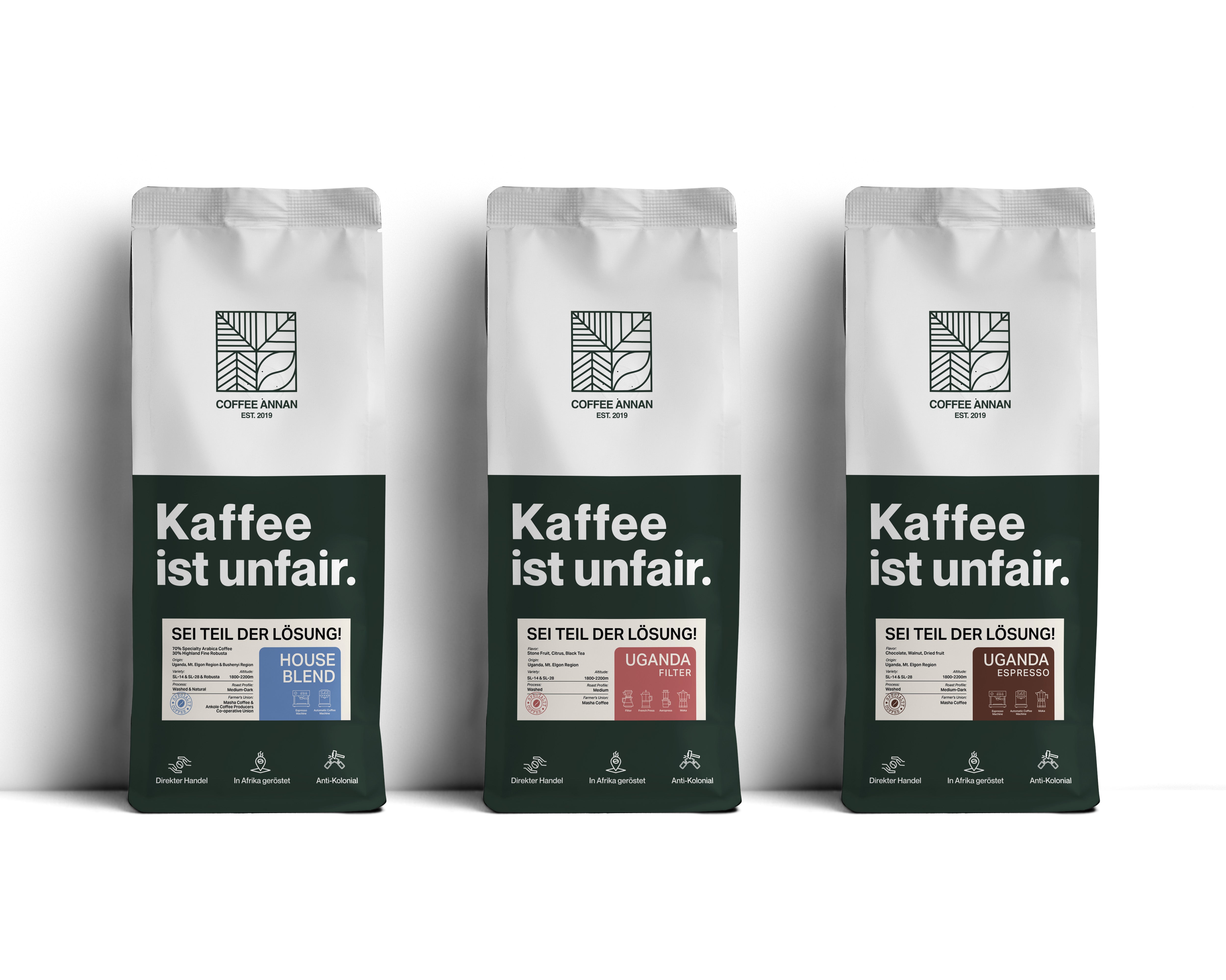 Drei Kaffeepackungen mit der Aufschrift „Kaffee ist unfair“ – Spezialitätenkaffee von Coffee Annan