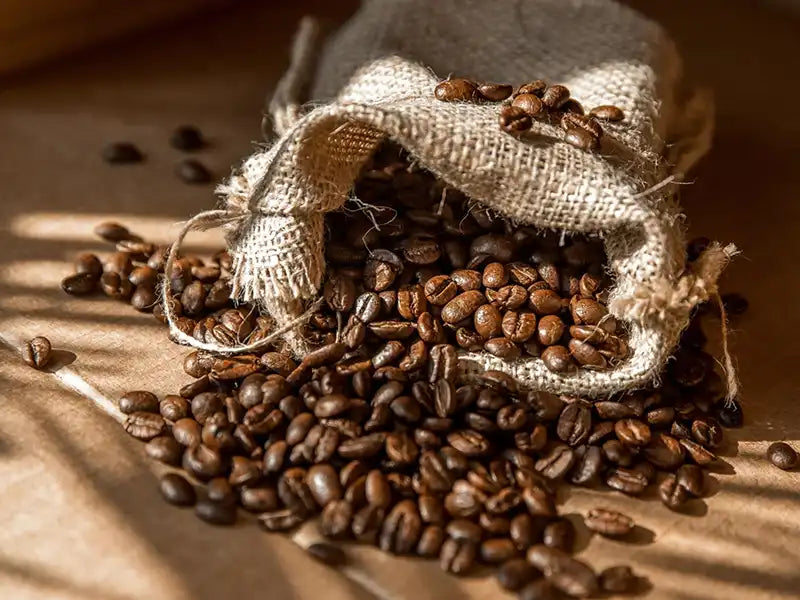 Ein Sack ausgeschütteter Kaffeebohnen