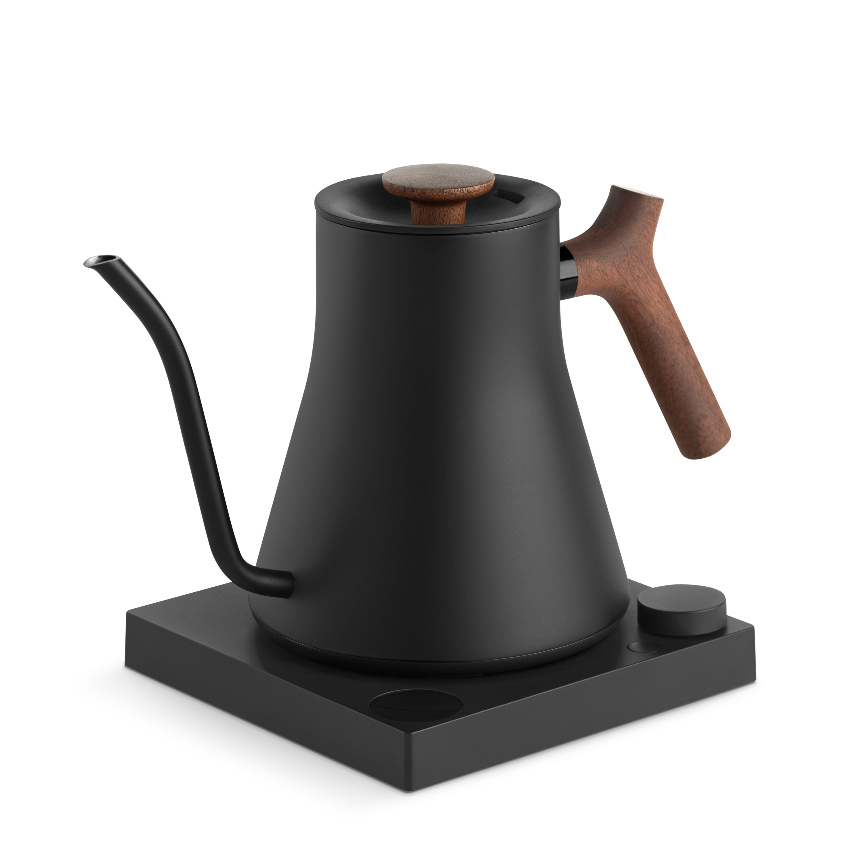 Fellow Stagg EKG Pro matte black with walnut handle standing on base